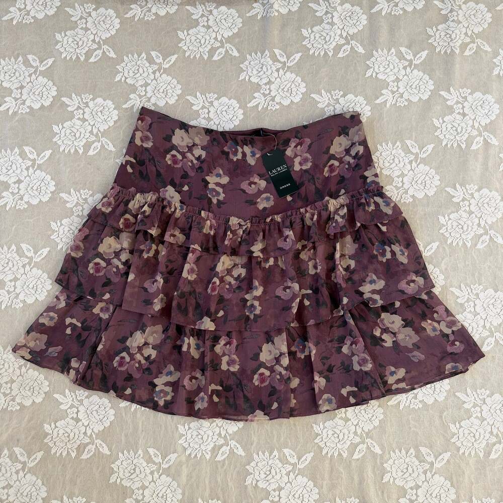 NWT Lauren Ralph Lauren Burgundy Floral Tiered Ruffle Mini Skirt Size 12